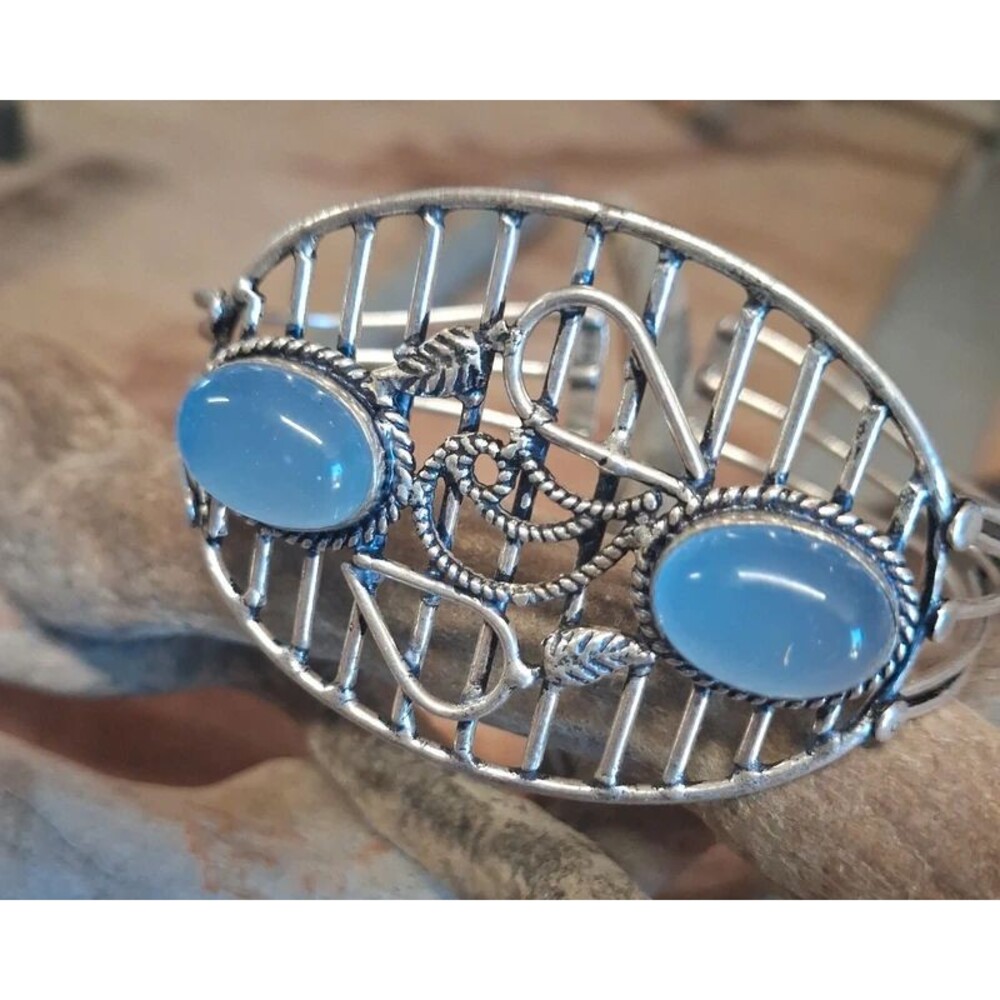 Southwestern Boho Style Blue Chalcedony Silver Cage Cuff Bracelet Brand New